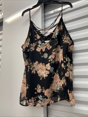 Charlotte Russe Black Floral Cami with Peach and Gray Blooms 3X